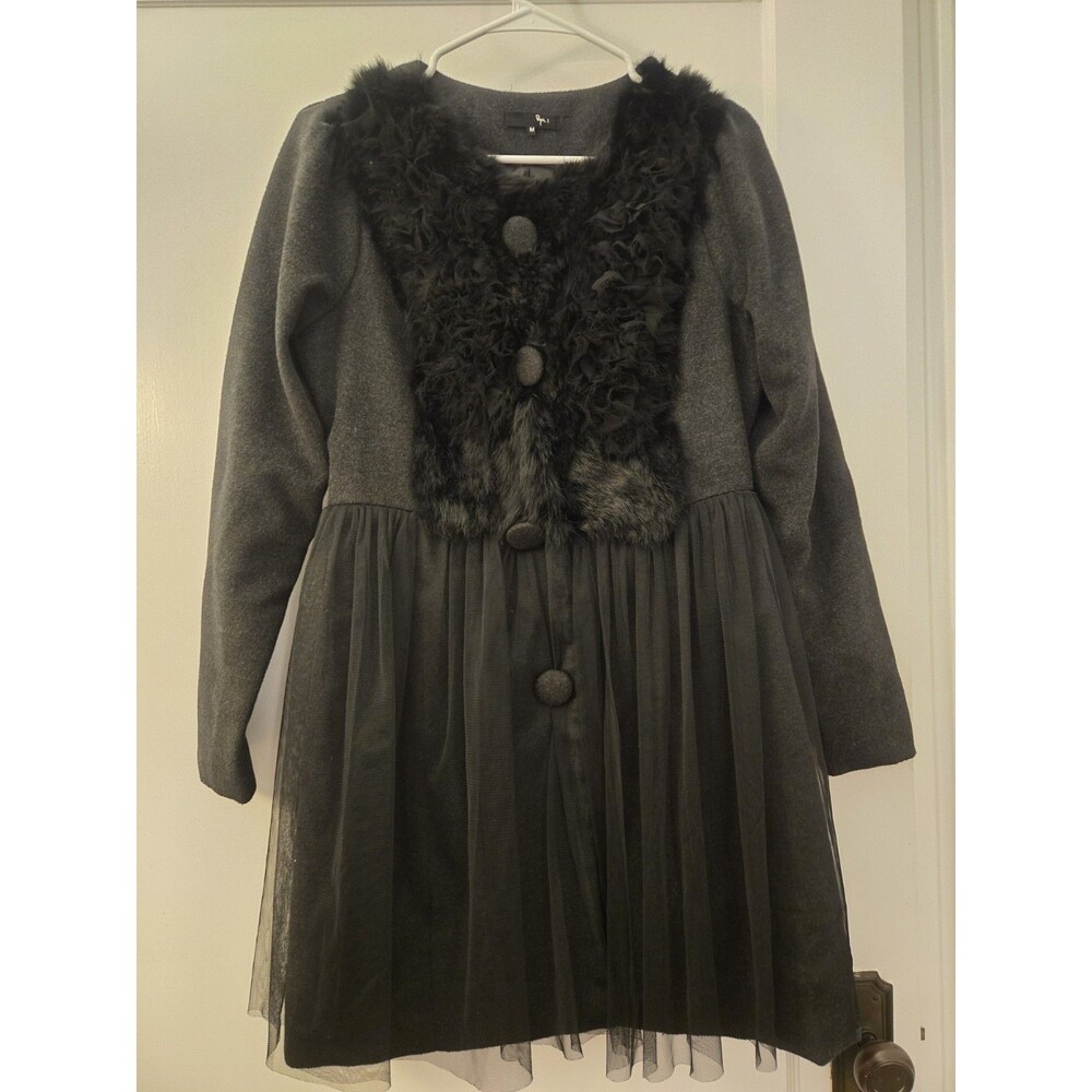 Anthropologie Ryu Black Rabbit Fur Rosette Sheer Tulle Skirt Coat M Whimsygoth